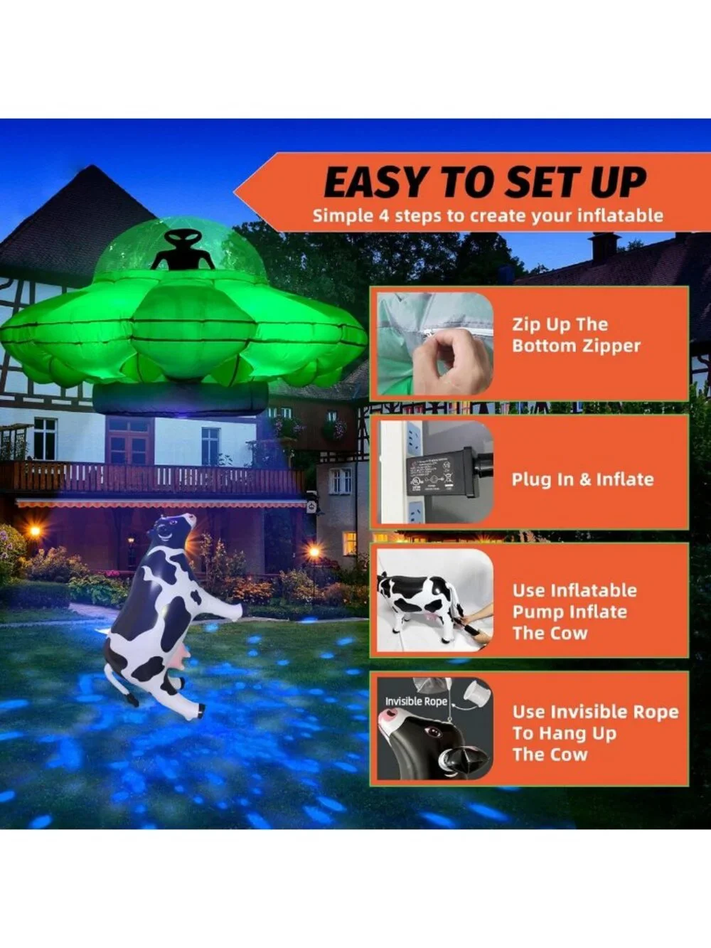 4.2FT Inflatable Alien UFO Party Decor with LED Lights - Halloween Cow Abduction
